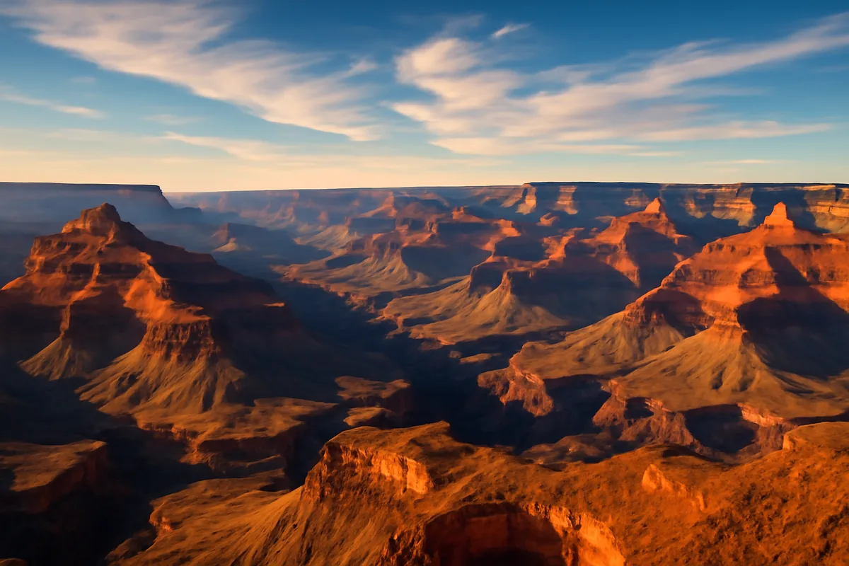 Breathtaking panoramic view of the Grand Canyon at golden hour, with layered red and orange rock formations stretching into the horizon under a vivid blue sky with wispy clouds.