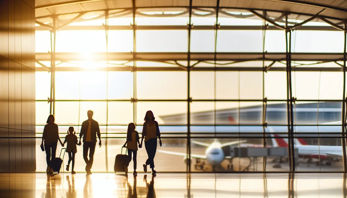 Family silhouettes walking through a bright, modern airport terminal with planes visible through large windows