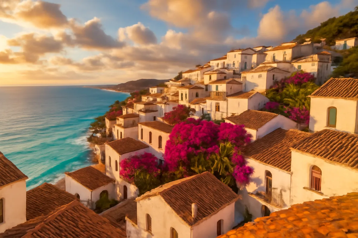 A sun-drenched Spanish coastal village with white-washed buildings, terracotta rooftops, and vibrant pink bougainvillea overlooking the turquoise Mediterranean Sea during golden hour