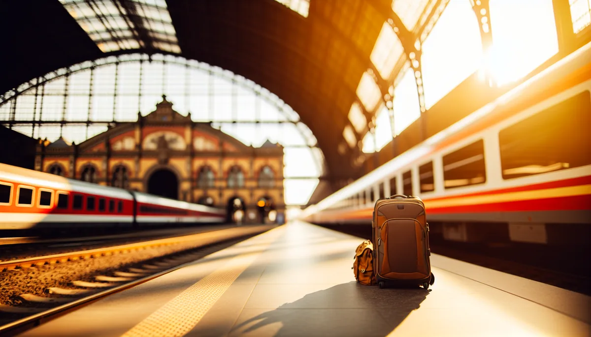 A traveler's backpack and luggage sitting on a European train station platform during golden hour, with vintage architecture in the background