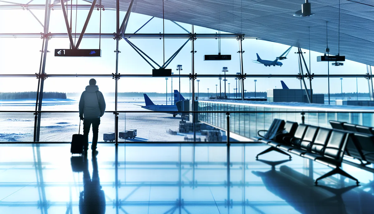 Silhouette of a traveler at Helsinki airport departure gate with planes on snowy tarmac visible through large windows
