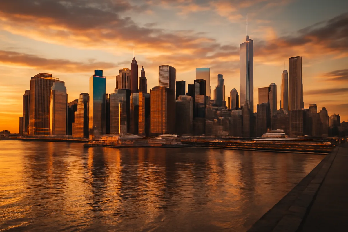 Golden hour view of the Manhattan skyline reflected in the Hudson River, with warm amber and orange tones illuminating the iconic New York City skyscrapers against a dramatic sunset sky.
