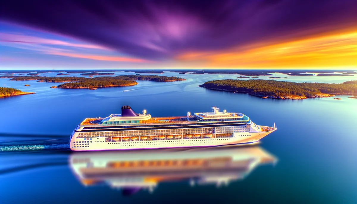 Large cruise ship sailing through scenic Baltic Sea waters with dramatic sunset sky and Scandinavian coastline in the background