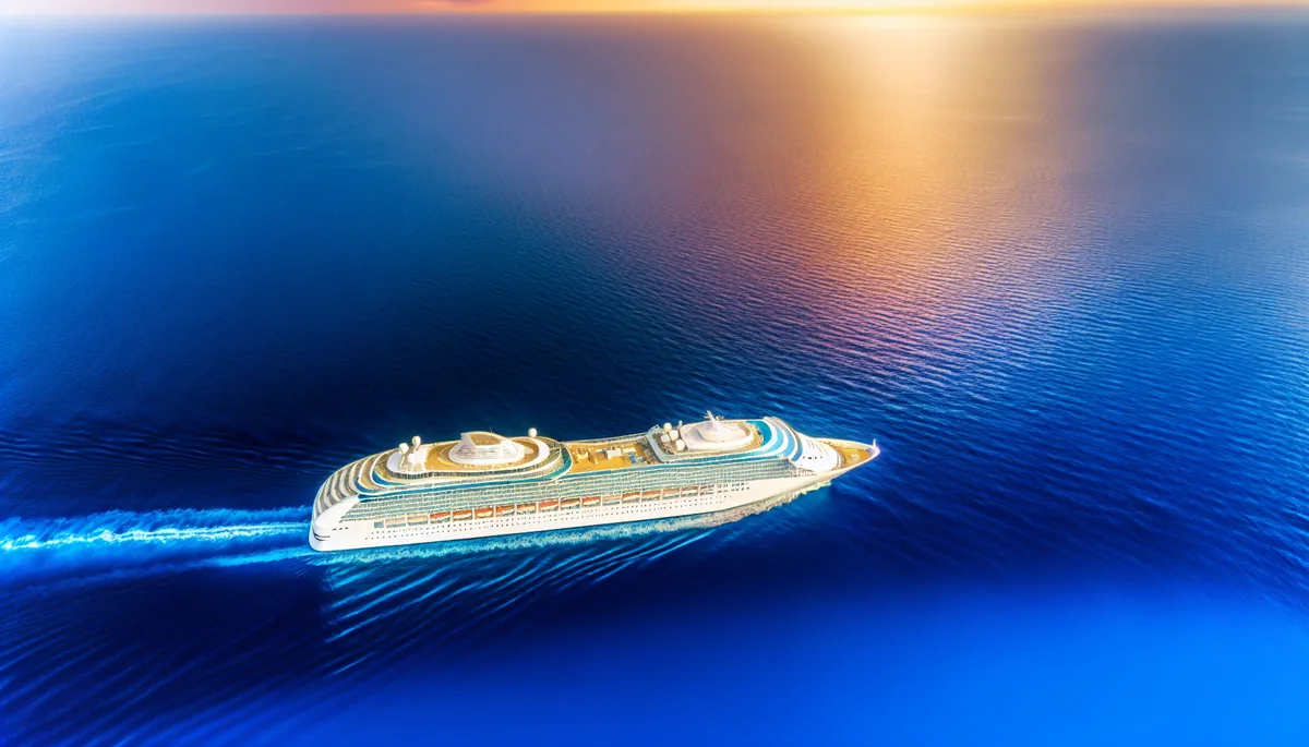 Aerial view of a large white cruise ship sailing through calm blue ocean waters during golden hour with dramatic sky