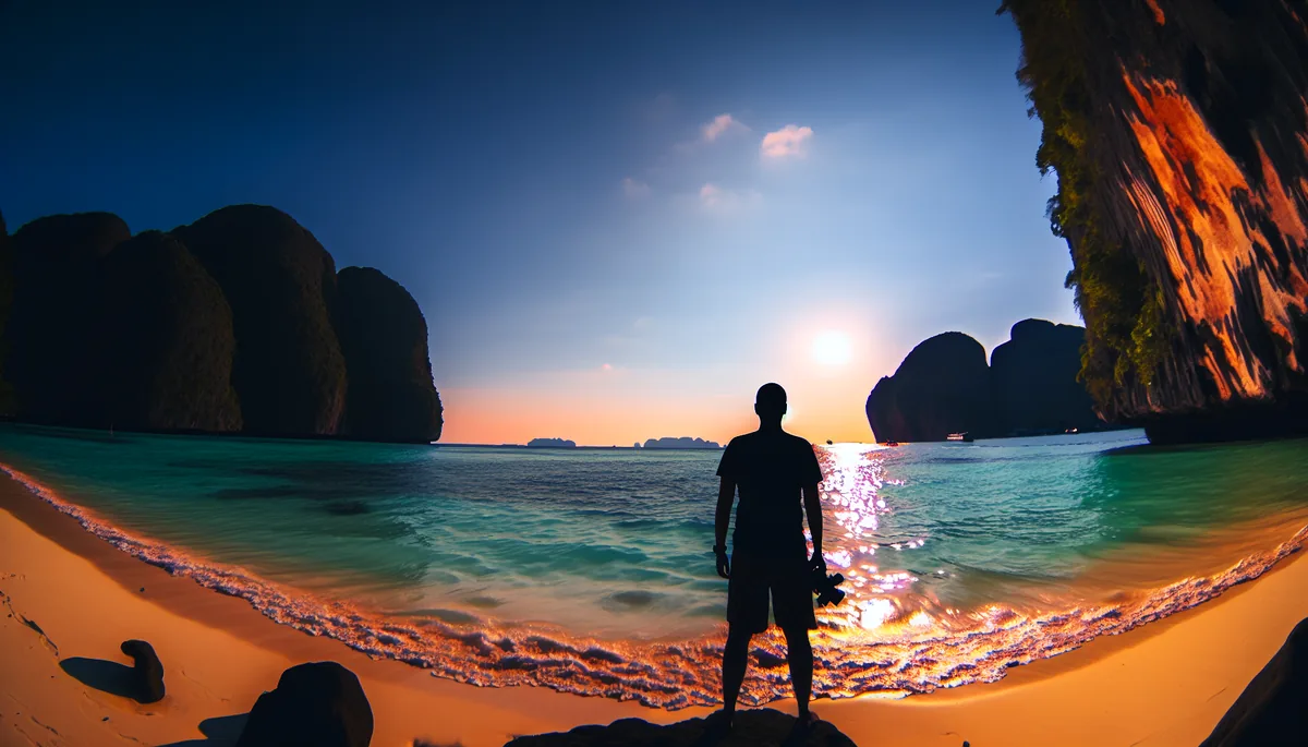 Silhouette of a person viewing a stunning tropical Thai beach with turquoise waters and limestone cliffs during golden hour sunset