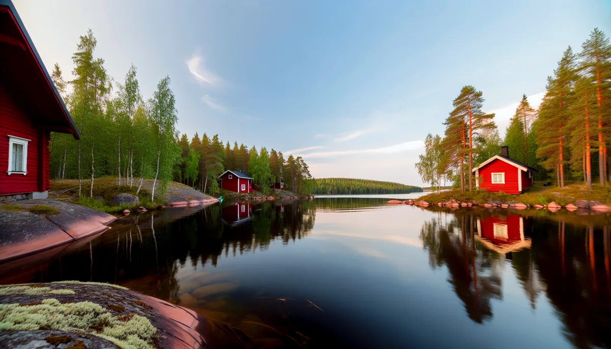 Peaceful Finnish lakeside landscape with traditional red wooden cabins surrounded by evergreen forests during golden hour