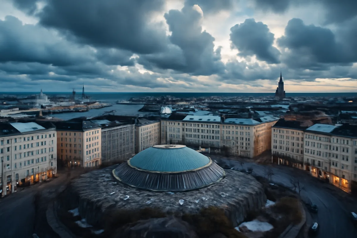 Modern Helsinki cityscape featuring iconic Nordic architecture and harbor views under a dramatic sky
