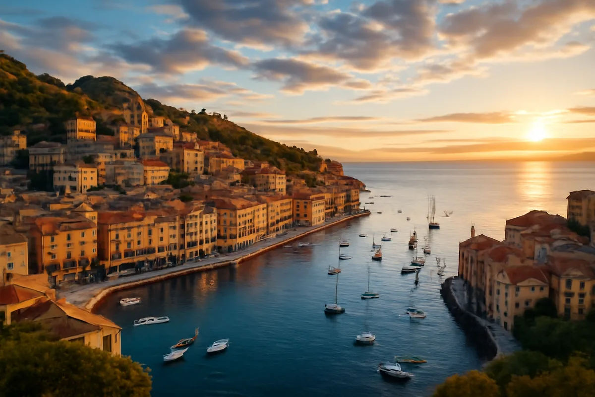 Aerial panoramic view of a colorful European coastal town with terracotta rooftops and a sparkling blue harbor at golden hour