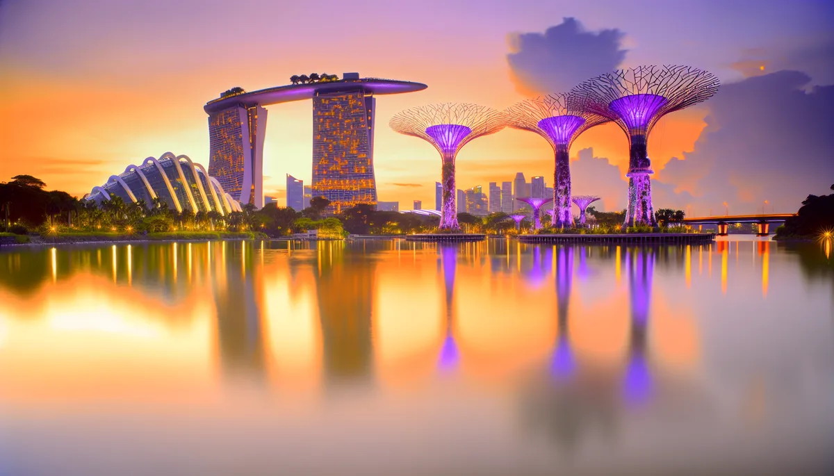 Singapore's Marina Bay Sands hotel and Gardens by the Bay supertrees at sunset, with the modern city skyline reflected in the water