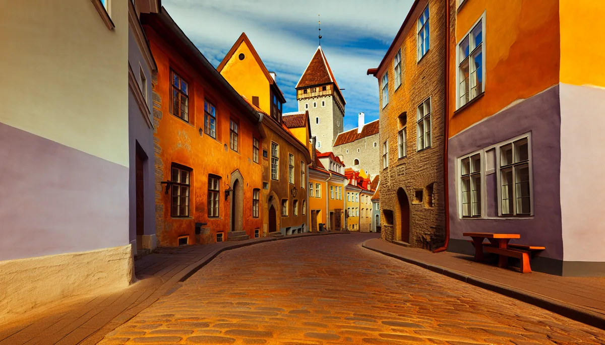 Medieval cobblestone street in Tallinn's Old Town with colorful historic buildings and castle towers in the background