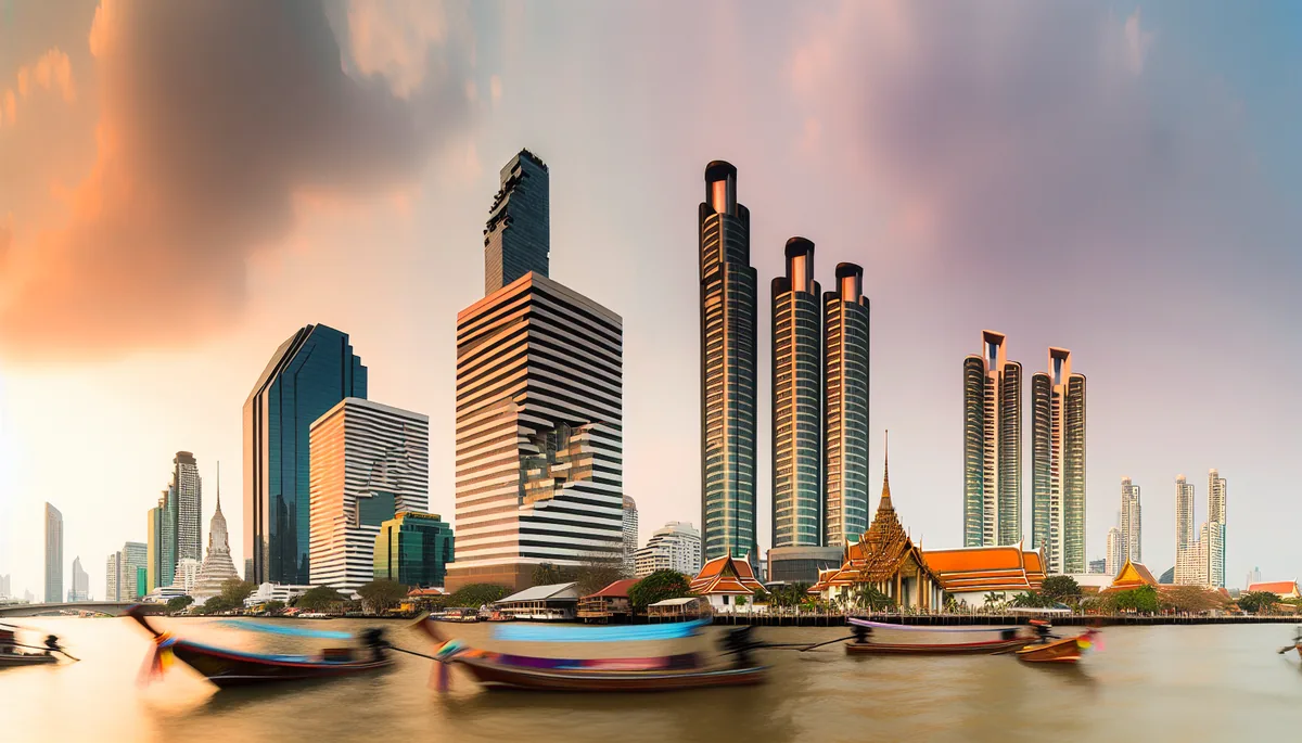 Panoramic view of Bangkok skyline at golden hour showing modern buildings and traditional temples along the Chao Phraya river with traditional longtail boats