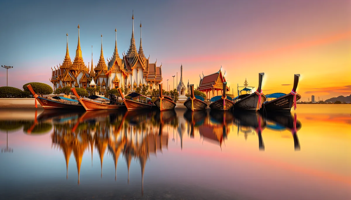 Golden Thai temple with ornate spires reflecting in calm water at sunset, with traditional longtail boats in the foreground