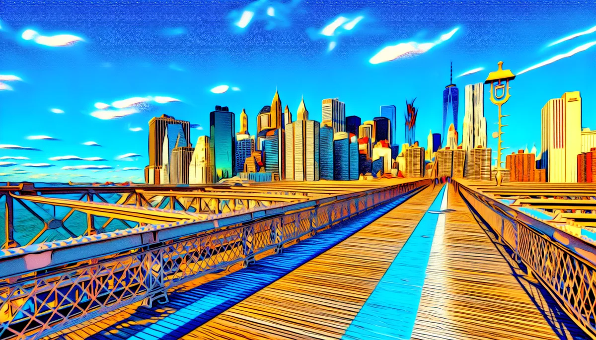 Stunning view of Manhattan skyline from Brooklyn Bridge during golden hour, showcasing iconic American skyscrapers against a dramatic blue and orange sky