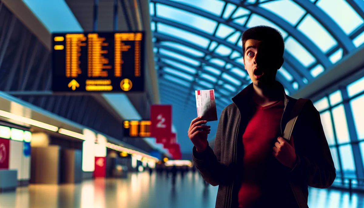 Silhouette of a traveler at an airport terminal appearing concerned while looking at a document, suggesting the shock of unexpected travel expenses