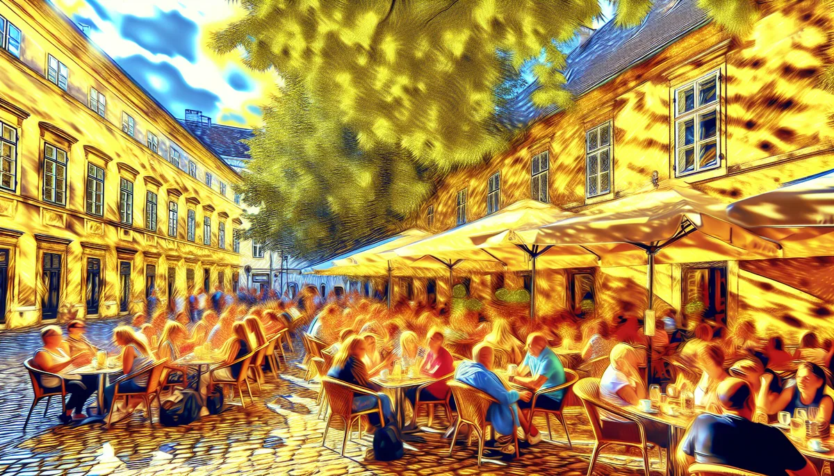 Travelers sitting at outdoor café tables on a charming European cobblestone street with historic buildings in the background during golden hour