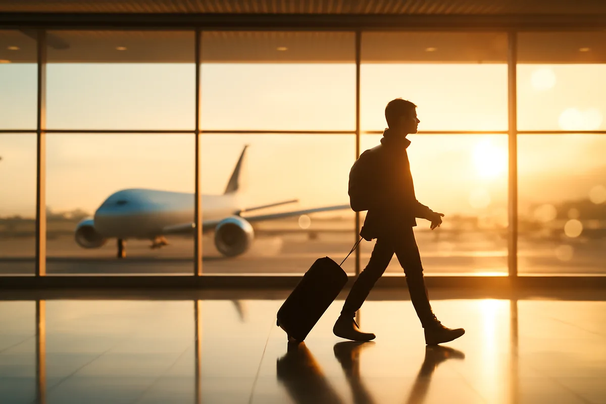 A silhouetted traveler with luggage walking through a bright, modern international airport terminal with planes visible through large windows at golden hour