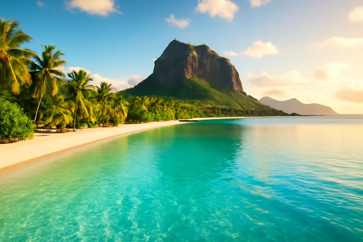 A stunning panoramic view of a turquoise lagoon and white sandy beach in Mauritius, framed by palm trees with volcanic mountains in the background under golden hour light.