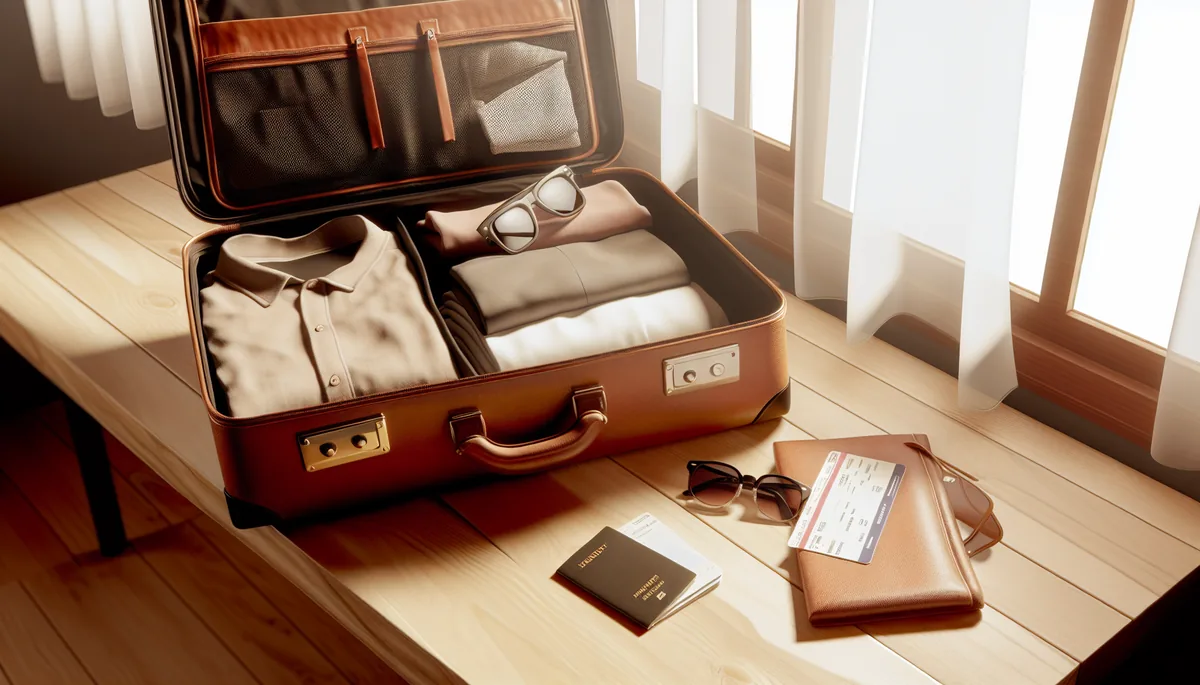 An organized open suitcase with neatly packed clothes and travel documents on a wooden table, representing travel preparation and planning