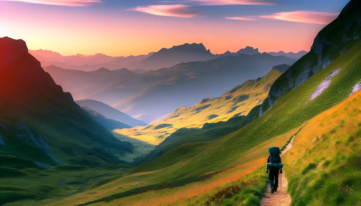 Silhouette of a traveler walking on a mountain trail overlooking a scenic valley with rolling hills and distant peaks during golden hour