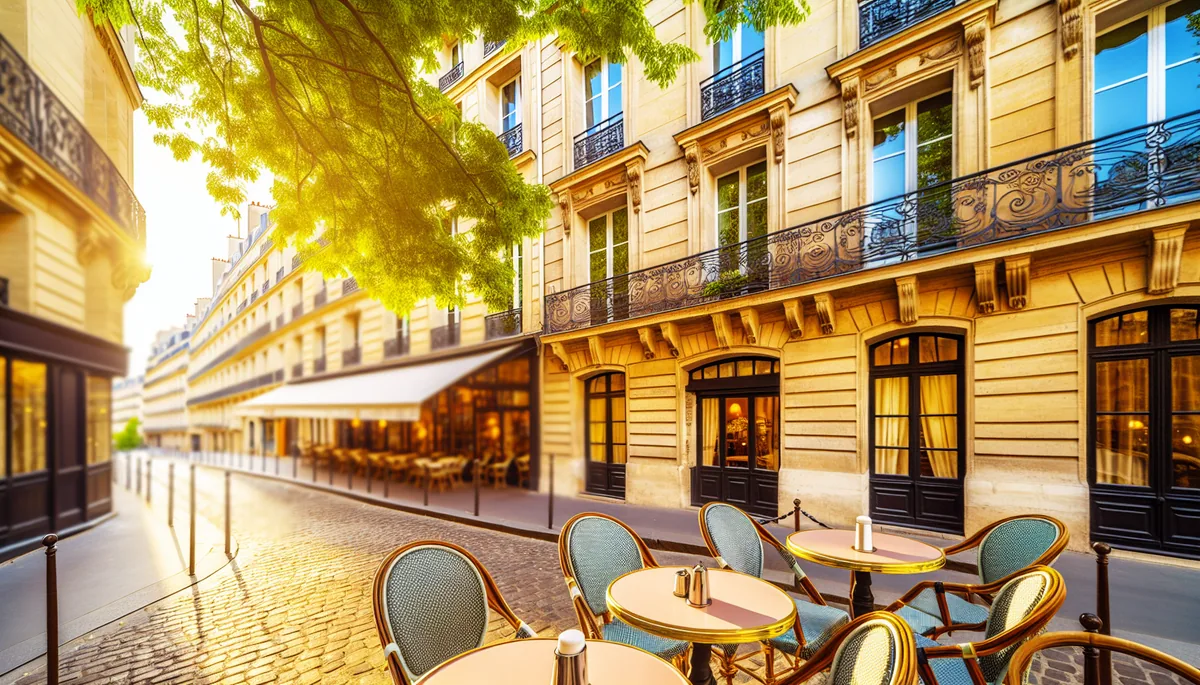 Charming Parisian café terrace with classic French architecture and golden hour lighting on a cobblestone street