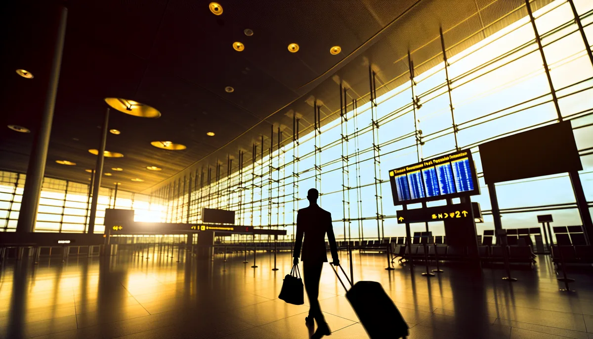 Silhouette of a traveler with luggage walking through a bright, modern airport terminal with golden sunlight streaming through large windows