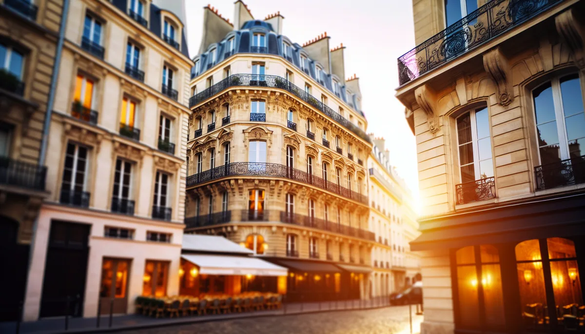 Beautiful Parisian street with classic architecture, golden hour lighting, and traditional French cafe terraces