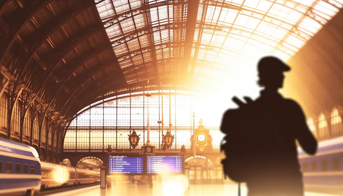 Silhouette of a traveler with backpack standing in a grand European train station with ornate architecture and warm golden lighting