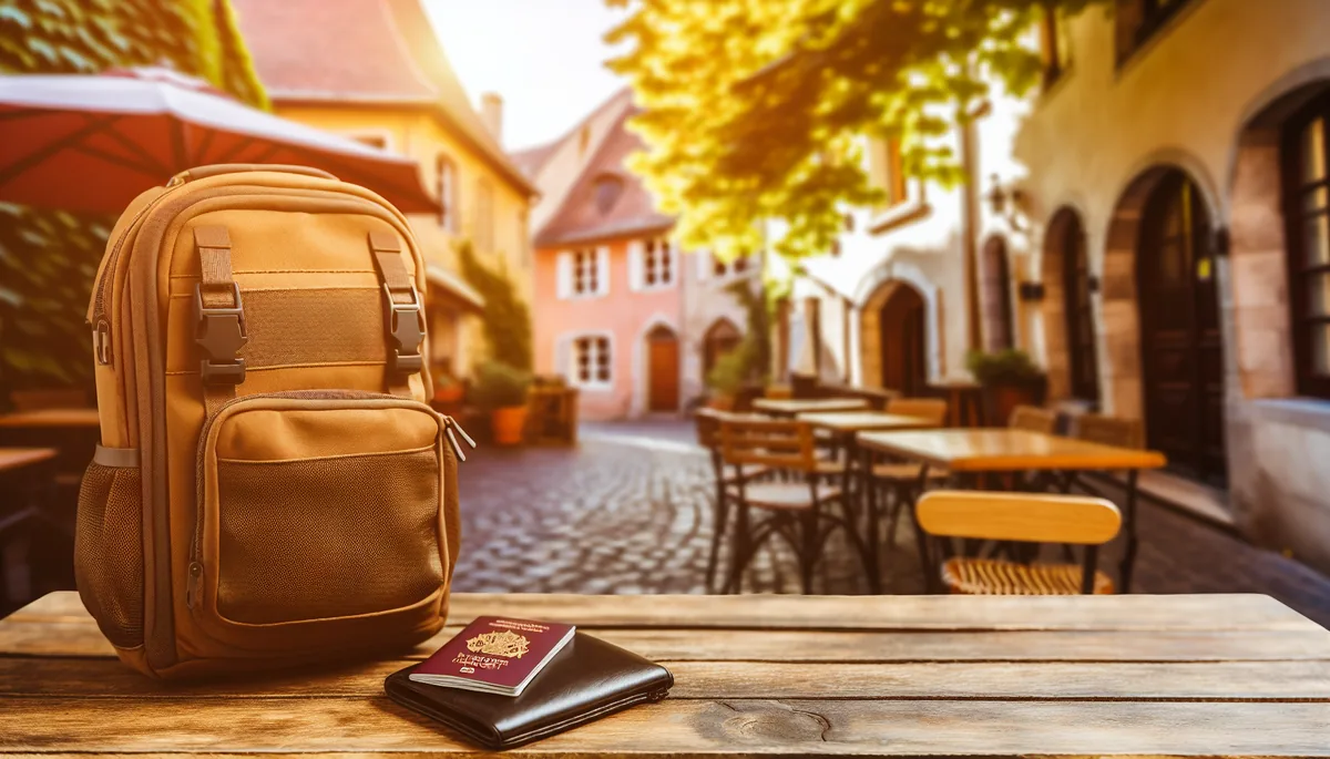 A traveler's backpack and passport resting on a wooden table at a French cafe terrace with cobblestone streets in the background