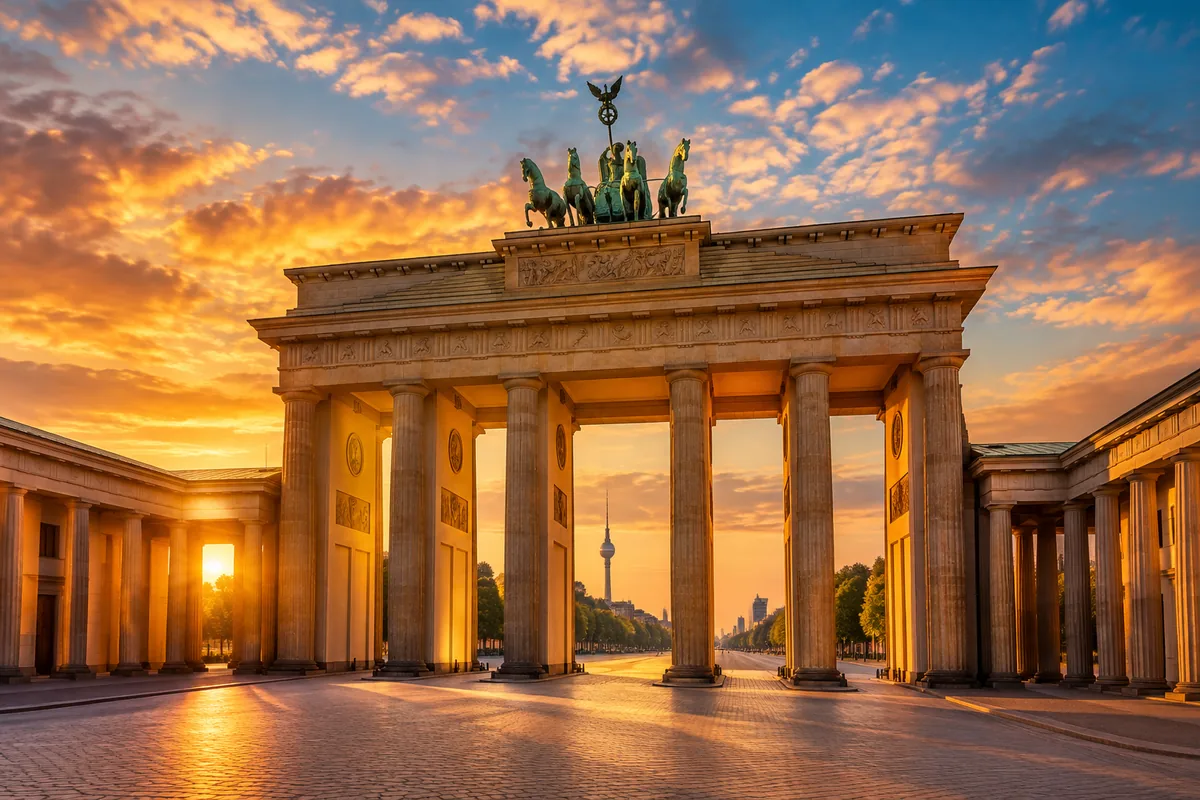 The Brandenburg Gate in Berlin bathed in warm golden hour light, with a dramatic orange and blue sky in the background, showcasing Germany's iconic landmark.