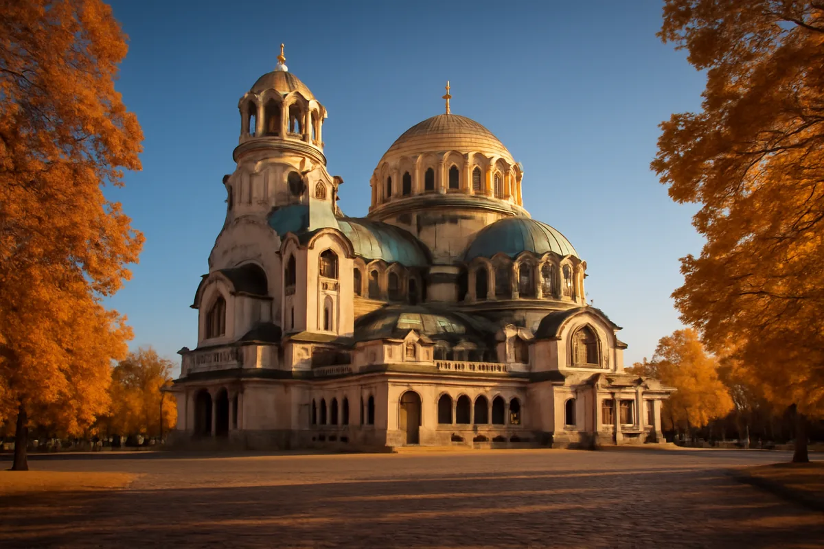 The Alexander Nevsky Cathedral in Sofia, Bulgaria, framed by golden autumn trees under a clear blue sky with warm morning light highlighting its ornate golden domes.