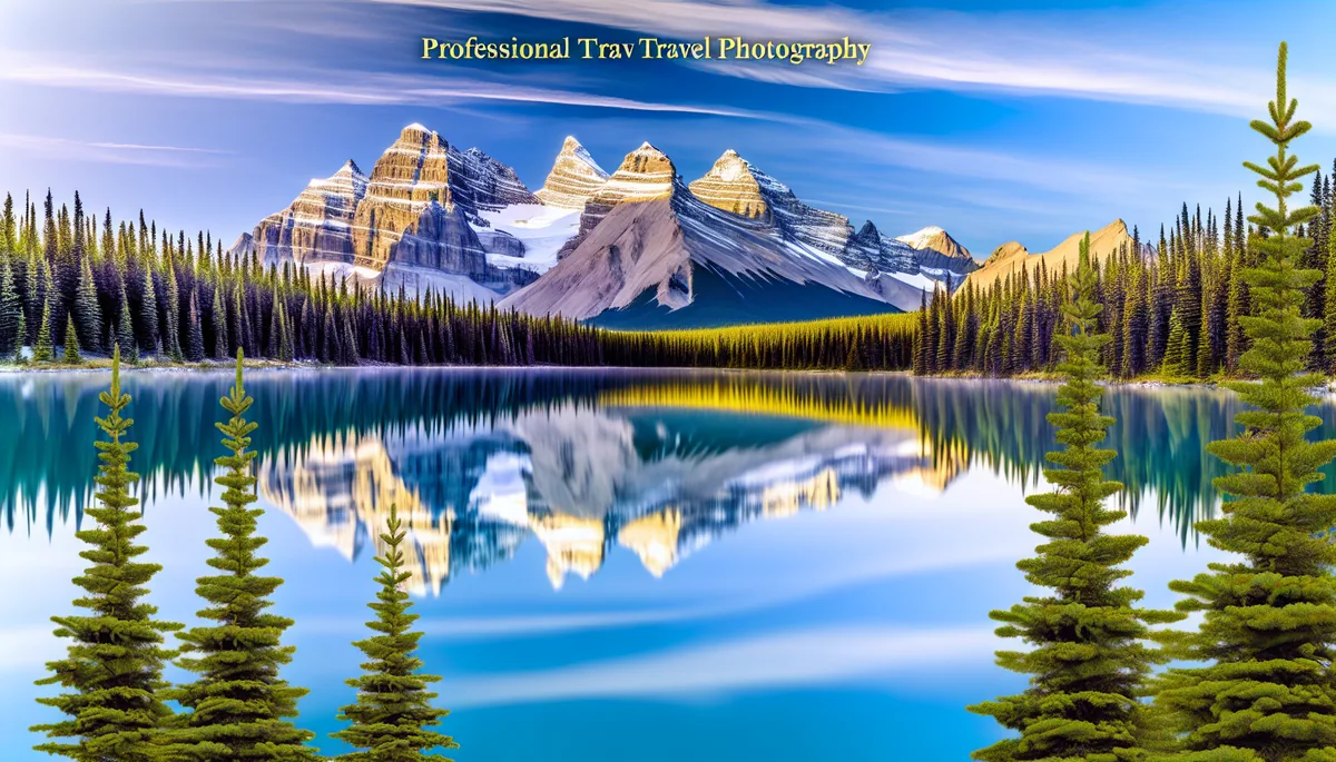 Majestic Canadian Rocky Mountains with snow-covered peaks reflecting in a crystal-clear alpine lake, surrounded by dense evergreen forests under dramatic morning lighting