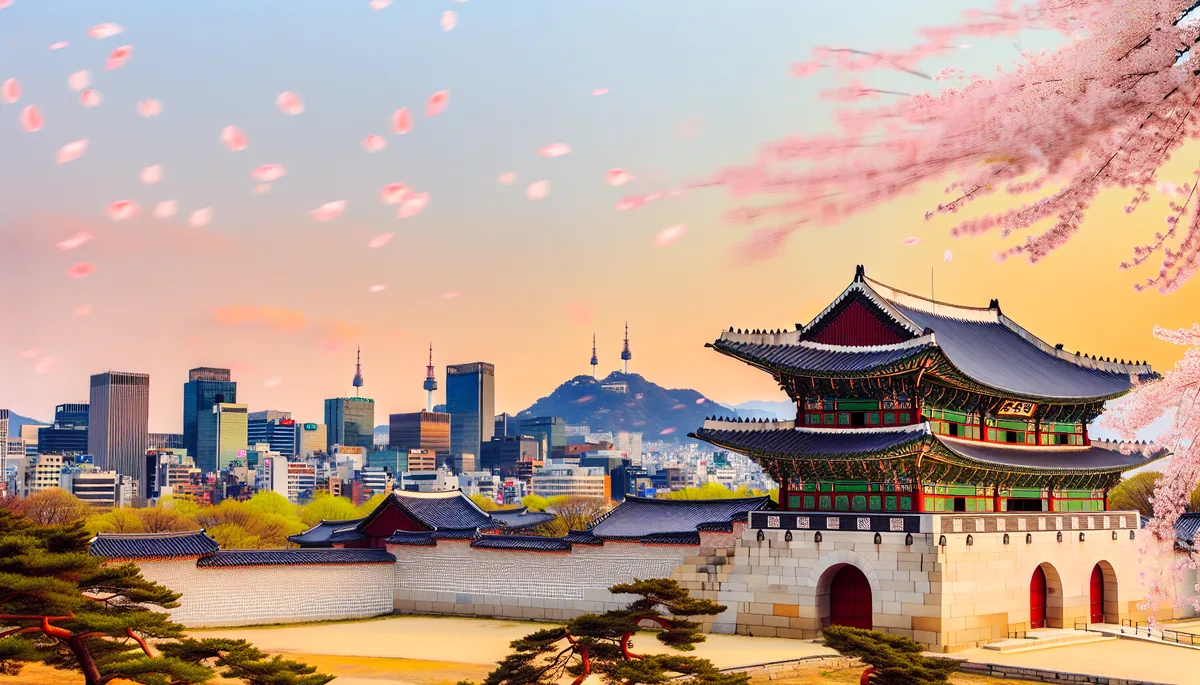 Traditional Korean palace architecture with colorful rooftops in foreground and modern Seoul skyline in background during golden hour with cherry blossoms