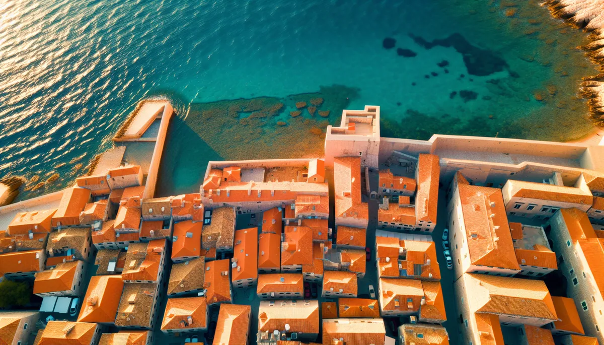 Aerial view of Dubrovnik's historic old town with red-tiled roofs surrounded by crystal clear turquoise waters of the Adriatic Sea