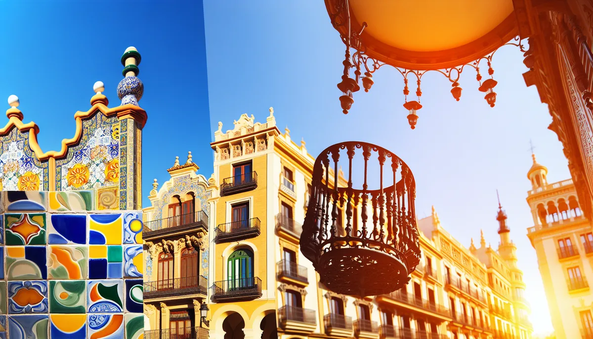 Charming Spanish street with traditional colorful tiled buildings, ornate balconies, and warm Mediterranean sunlight creating an inviting travel atmosphere