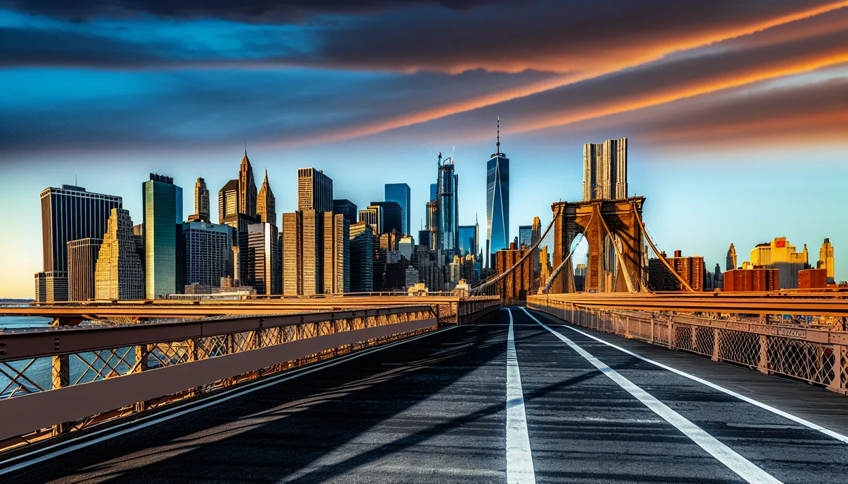 Stunning golden hour view of Manhattan skyline from Brooklyn Bridge, featuring the Empire State Building and other iconic skyscrapers against a dramatic orange and blue sky