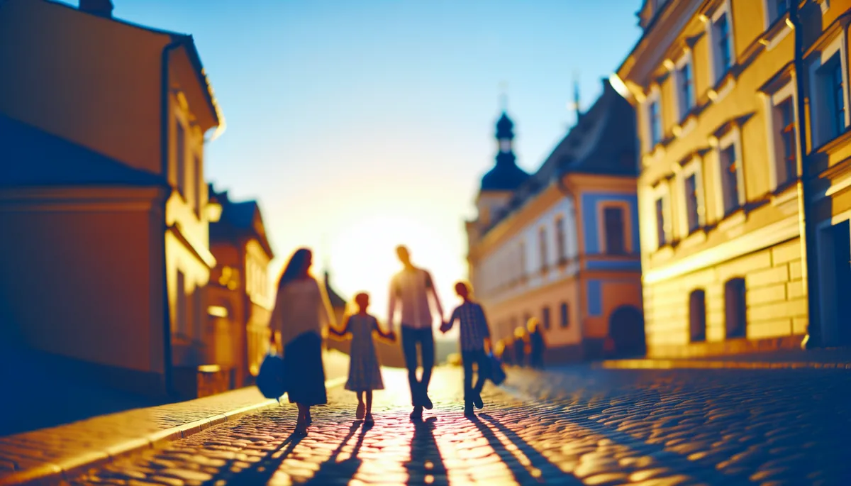 Family of four walking together as silhouettes on a picturesque European cobblestone street during golden hour, with charming colorful buildings in the background