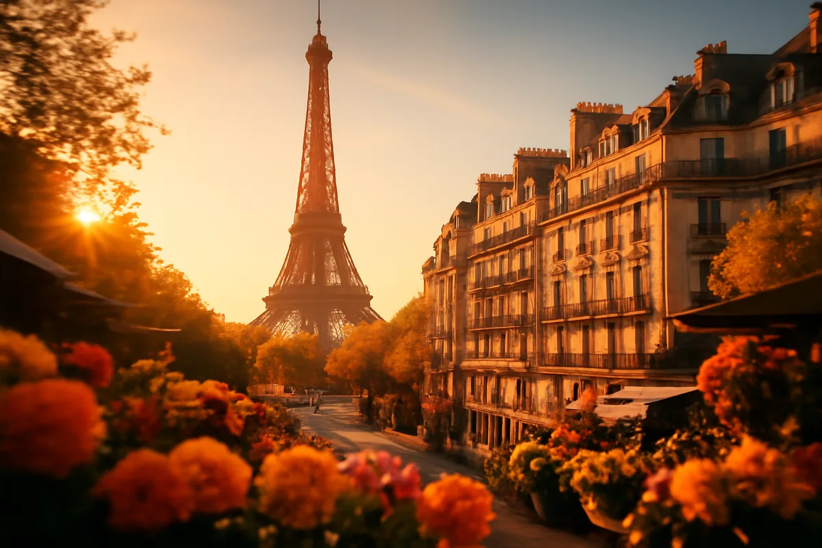 The Eiffel Tower seen at golden hour above classic Parisian Haussmann-style rooftops, with a colorful flower market in the foreground and a wide boulevard leading toward the landmark.