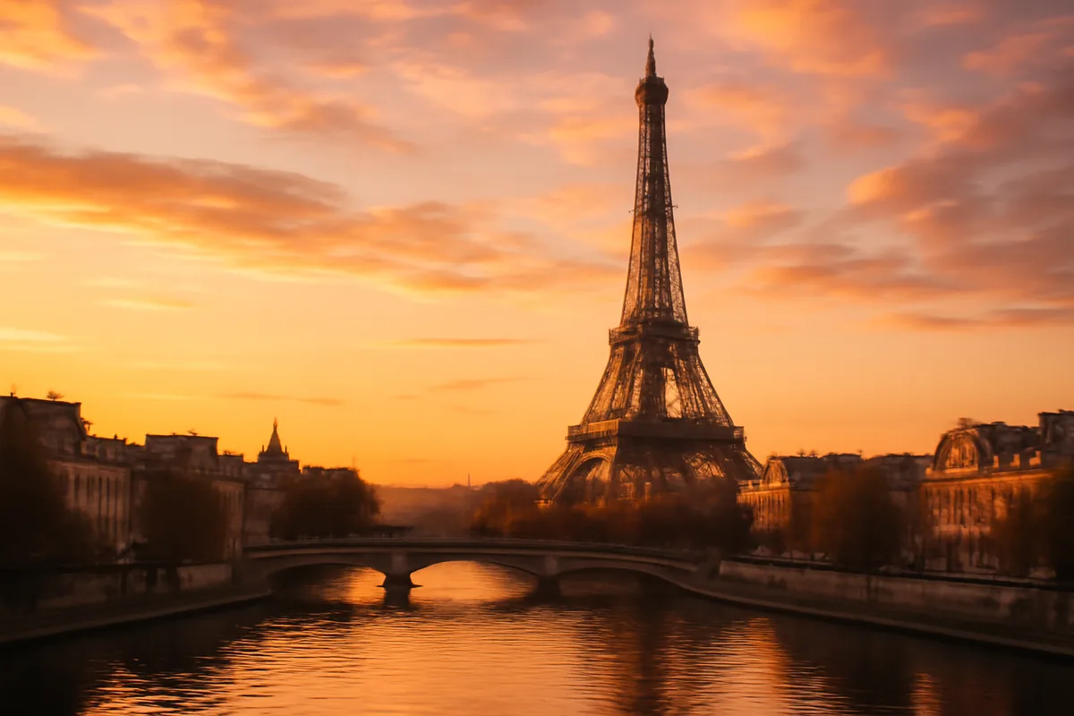Panoramic golden hour view of the Eiffel Tower and Parisian rooftops reflected in the Seine river at sunset