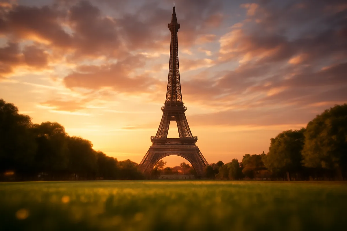 The Eiffel Tower rising above the Champ de Mars gardens in Paris at golden hour, bathed in warm amber light with a dramatic sky in the background.