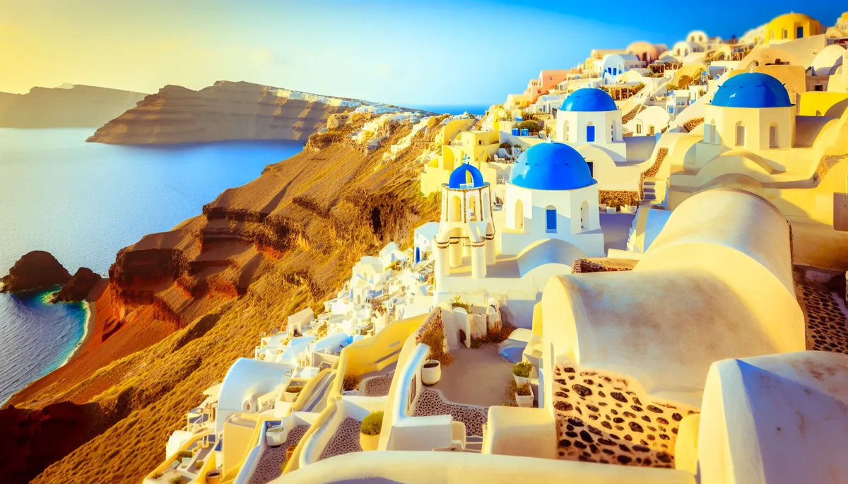Stunning sunset view of Santorini's famous white buildings and blue domes perched on dramatic cliffs above the Aegean Sea
