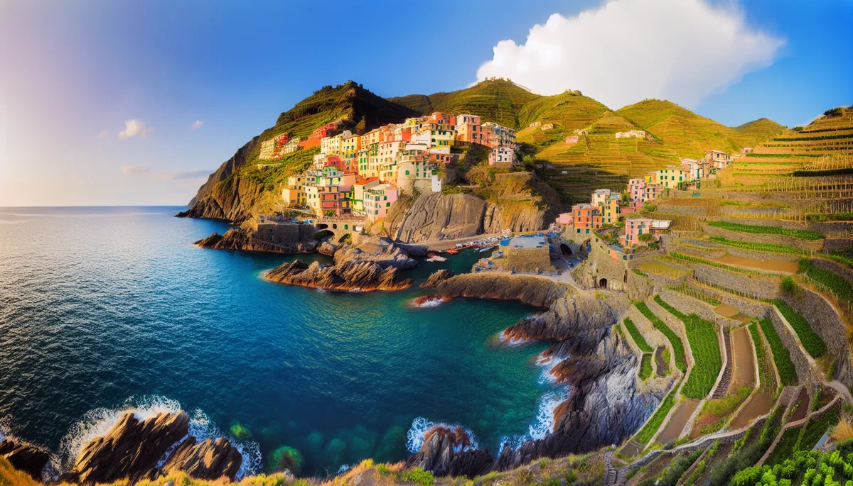 Stunning panoramic view of Cinque Terre's iconic colorful houses built into dramatic coastal cliffs overlooking the turquoise Mediterranean Sea during golden hour