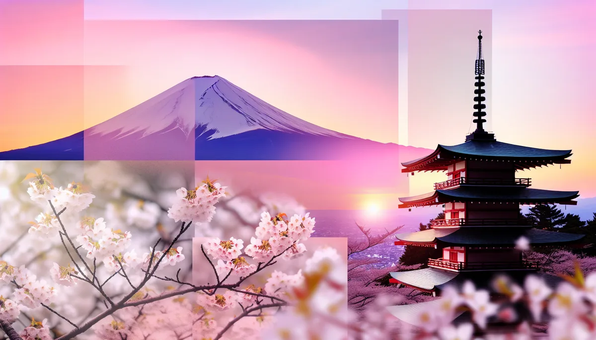 Mount Fuji at sunrise with cherry blossoms and traditional Japanese pagoda in a serene landscape composition