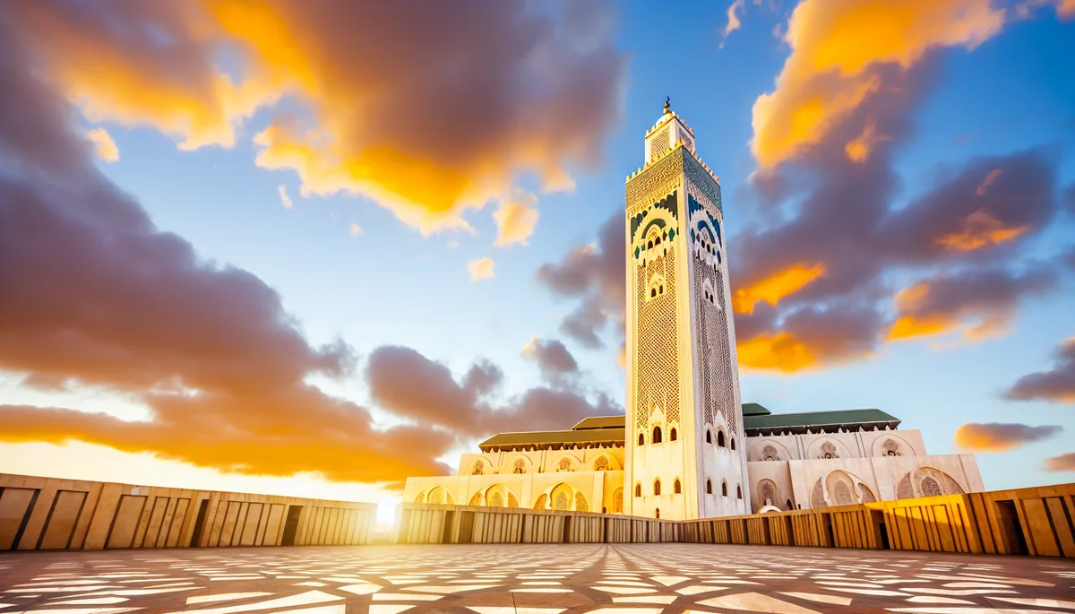 Majestic Hassan II Mosque minaret in Casablanca, Morocco, silhouetted against a dramatic sunset sky with warm golden lighting illuminating the traditional Islamic architecture