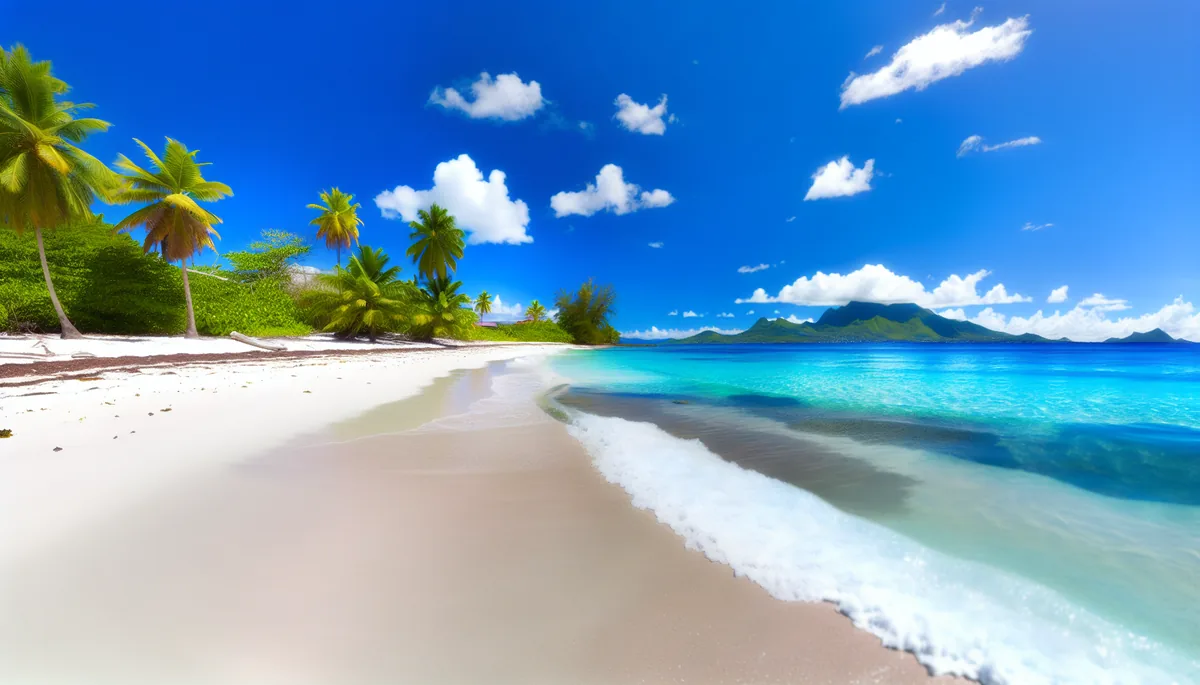 Stunning Caribbean beach scene with crystal clear turquoise waters, white sandy shore, tropical palm trees, and mountainous landscape under bright blue skies