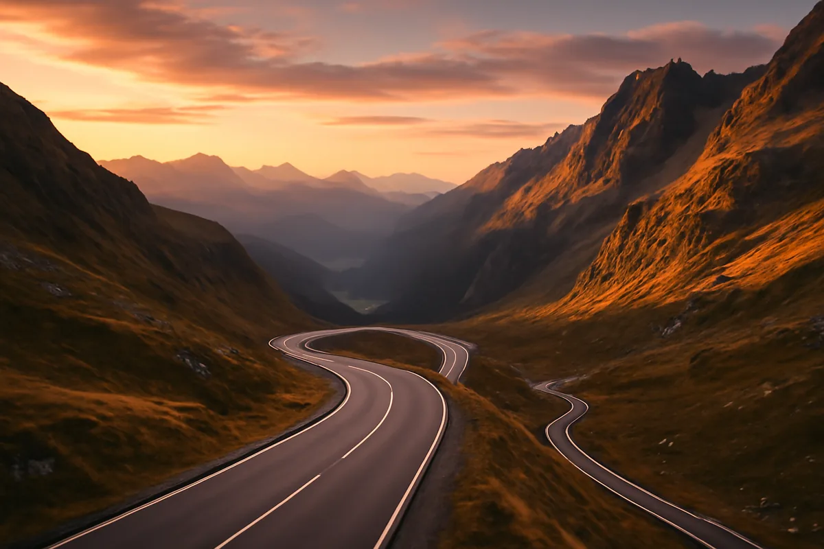 Scenic mountain road winding through European Alps during golden hour, showcasing the beauty of cross-border European travel