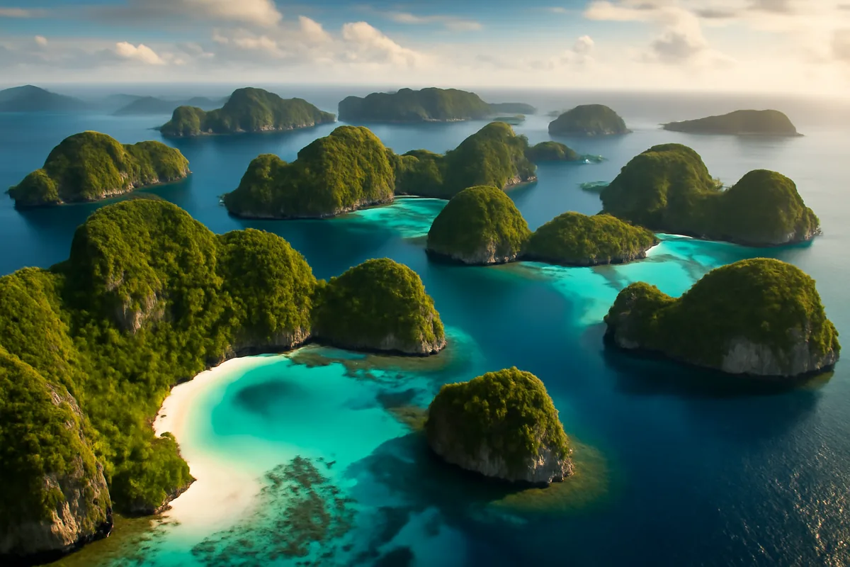 Aerial panoramic view of a stunning tropical Philippine archipelago with turquoise waters, white sandy beaches, and lush green islands under golden afternoon sunlight.