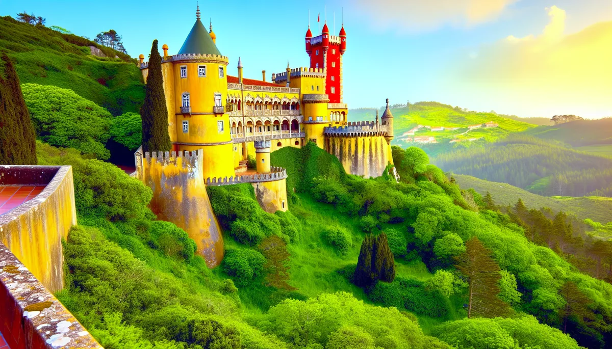Colorful Pena Palace in Sintra, Portugal, surrounded by lush green forests under golden hour lighting