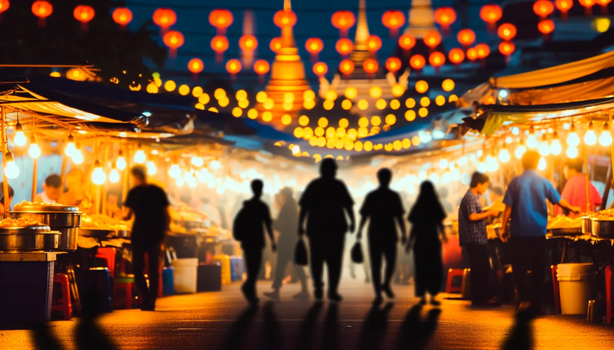 Evening scene of a bustling Bangkok street market with golden temple spires visible in the background, illuminated by warm lantern lights and street vendors