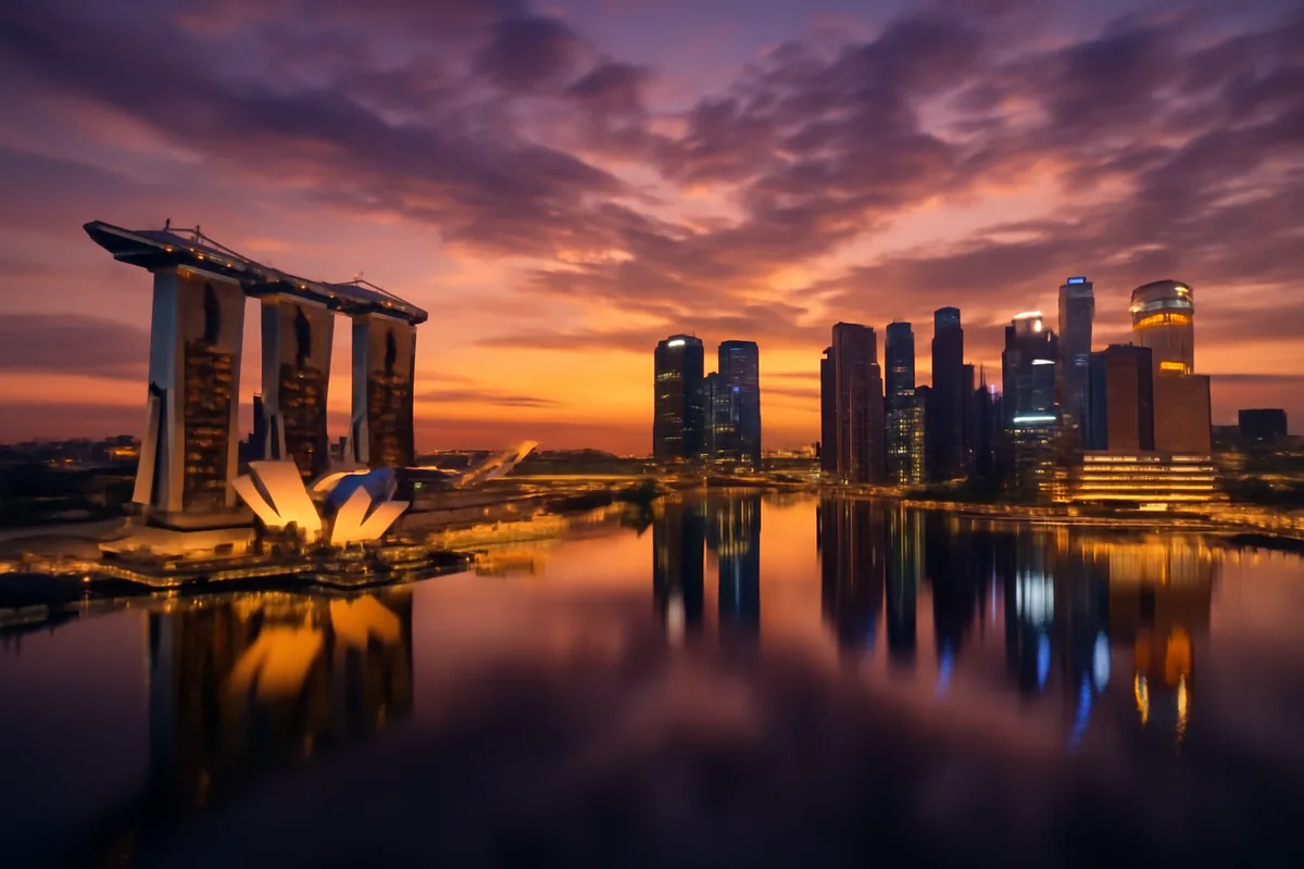 Singapore skyline at dusk with Marina Bay Sands and illuminated skyscrapers reflected in the harbor waters under a golden purple twilight sky