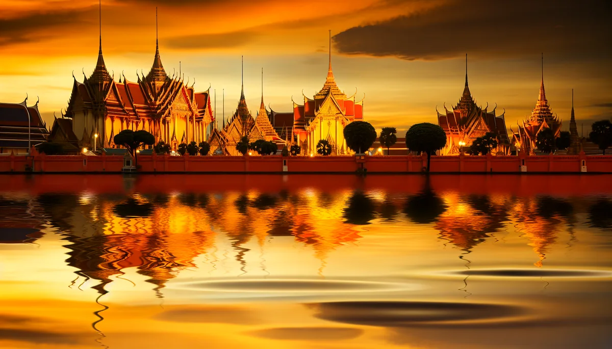 Golden Buddhist temple with ornate spires reflecting in calm water at sunset in Thailand, surrounded by palm trees under a dramatic orange sky